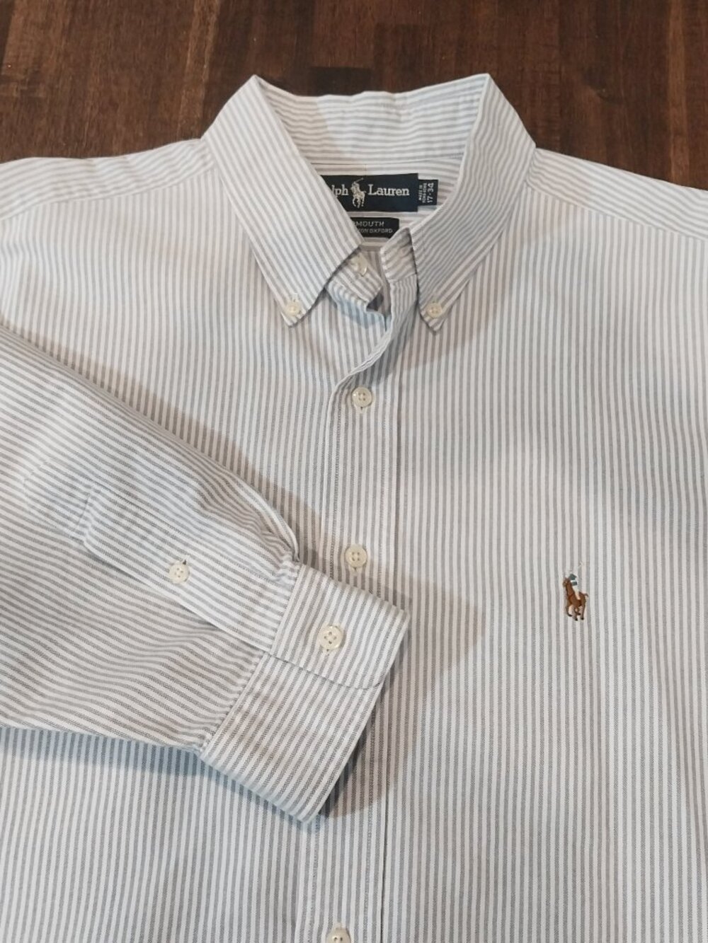 Vintage Ralph Lauren Shirt Mens 17 34 Blue Stripes Flesh Pony Yarmouth Oxford